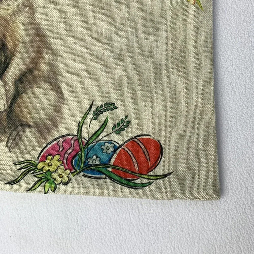 Easter Bunny Eggs Fairies Woven Pillow Cover Square Butterfly 17.5” x 18”